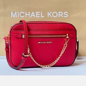 MICHAEL KORS JET SET ITEM EAST WEST CHAIN CROSSBODY SHOULDER BAG BRIGHT RED.